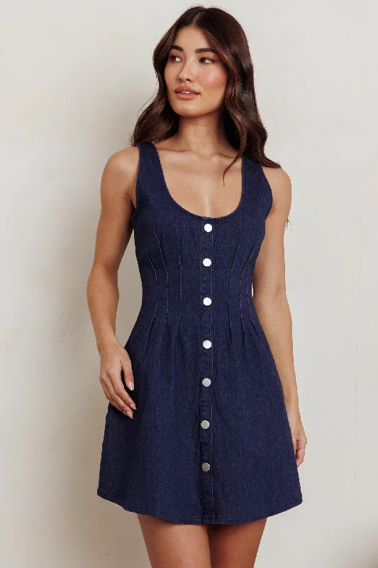 One-Day Sale Zurich Sleeveless Denim Mini Dress Dark Blue