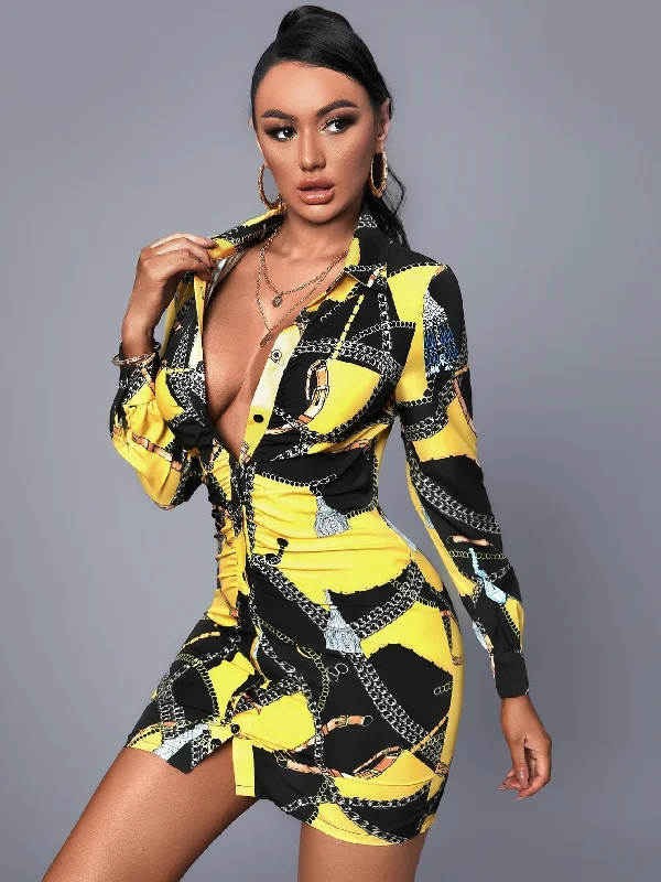 Weekend Flash Sale KittenAlarm - Chain Print Colorblock Ruched Button Up Shirt Dress