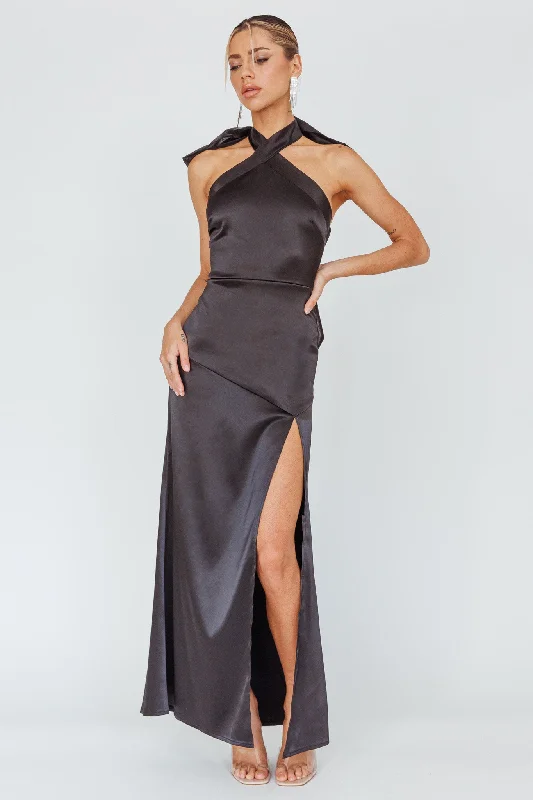 Last Chance Sale Andria Halterneck Bow Satin Maxi Dress Black