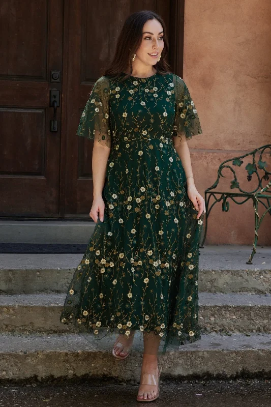 Weekend Exclusive Offers Arabella Embroidered Tulle Maxi Dress | Dark Green Floral