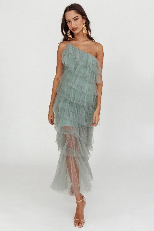 Weekend Deals Galore Arrabel Tiered Ruffle Tulle Maxi Dress Sage