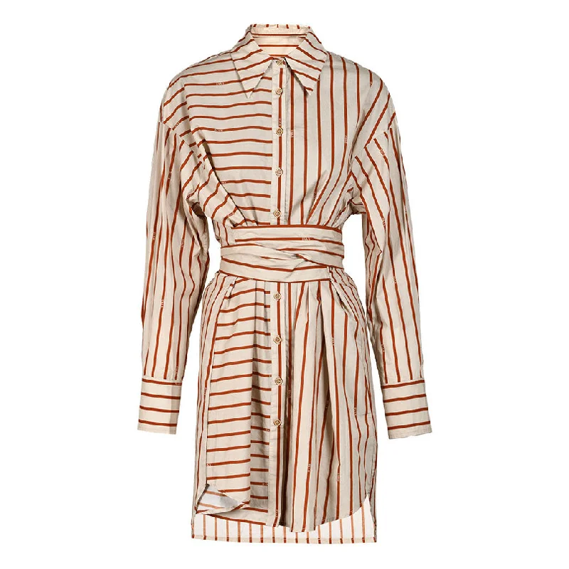 Weekend Best Deals Artful Striped Print Collared Drop Shoulder Button Down Belted High Low Shirt Dress