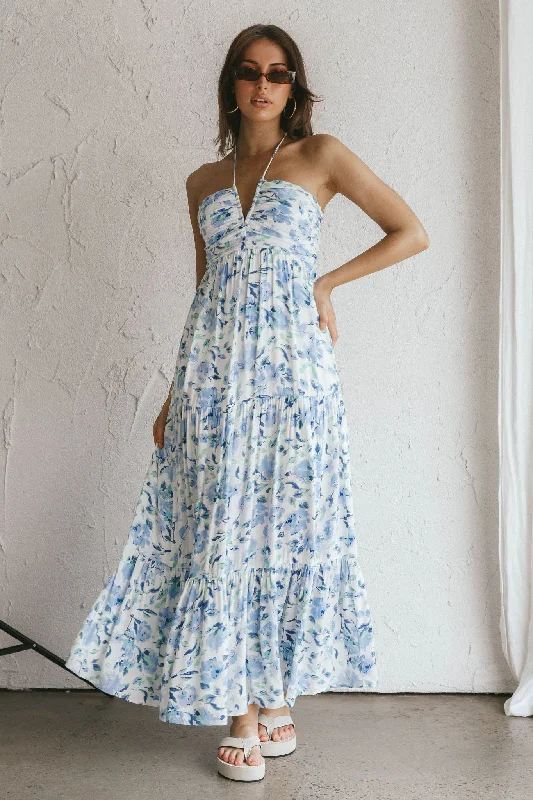 Super Price Drop Asiah Halterneck Maxi Dress Floral Blue