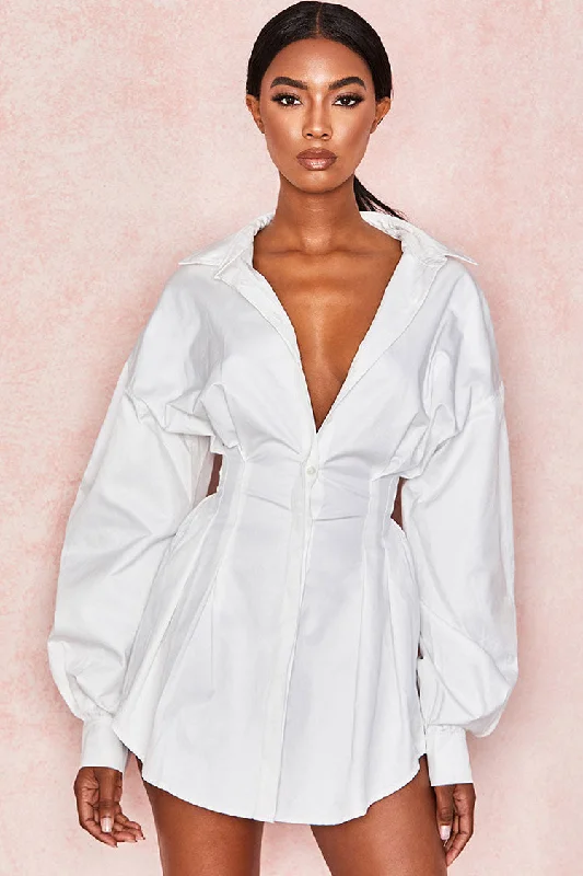 Weekend Special Sale Balloon Sleeve Cinch Waist Button Down Mini Shirt Dress - White