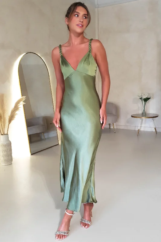 Grab It Now Bethanie Soft Satin Maxi Dress | Olive