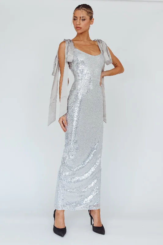 Exclusive Flash Sale Birthday Wish Tied Shoulder Sequin Maxi Dress Silver