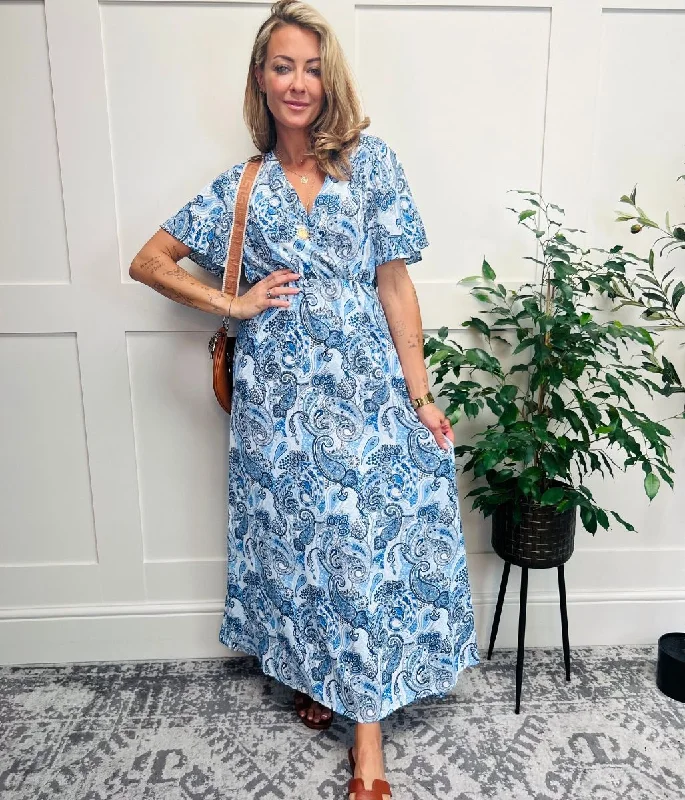Don’t Miss These Deals Blue Printed Wrap Front Maxi Dress