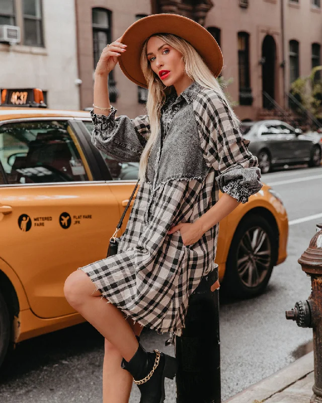 Weekend Deal Rush Chantye Pocketed Plaid Acid Wash Shirt Dress - FINAL SALE