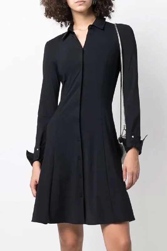 Weekend Clearance Event Chic Collared Button Down Long Sleeve Fit & Flare Mini Shirt Dress - Black
