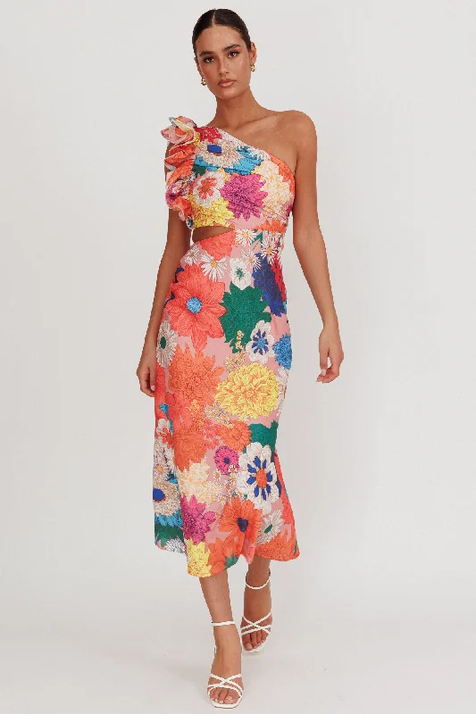 Weekend Price Slash Day Deanna One-Shoulder Ruffle Floral Maxi Dress Orange