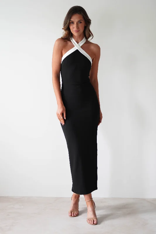 Weekend Discount Rush Donata Halterneck Maxi Dress | Black/White