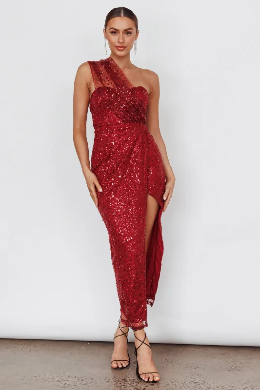 Hurry, While Stocks Last Doniella One-Shoulder Split Sequin Maxi Dress Wine