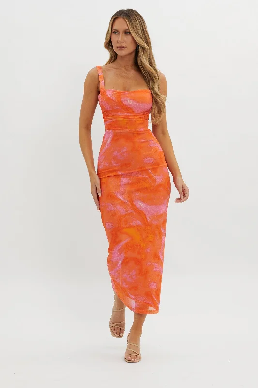 Limited Quantity Dream Crush Lace-Up Back Side Split Maxi Dress Swirl Orange