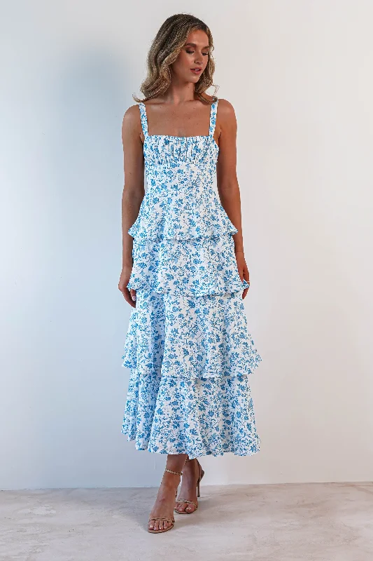 Flash Discounts Emily Floral Ruffle Maxi Dress | Blue/White