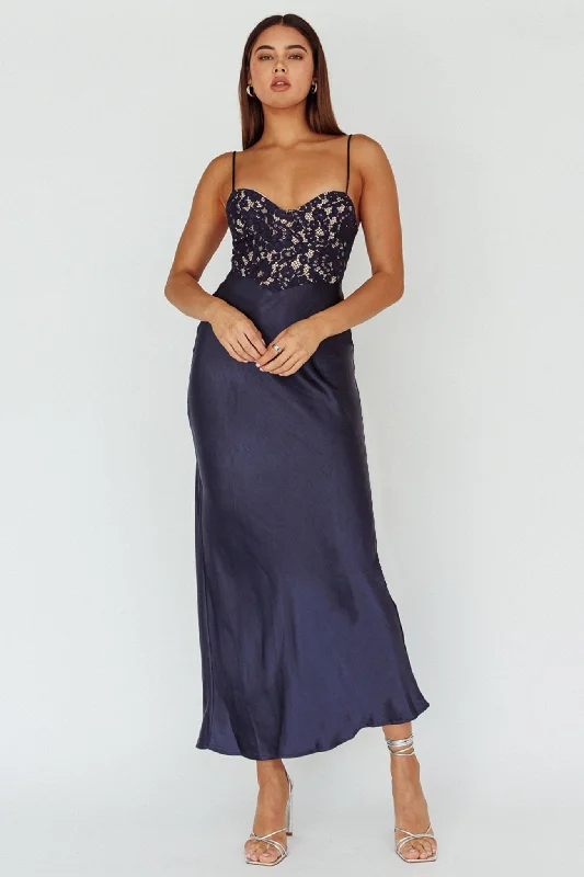 Weekend Super Sale Frenzy Evening Star Lace Bodice Maxi Dress Navy