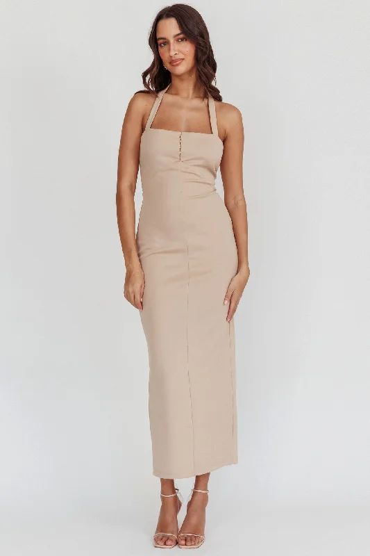 Seasonal Sale Goldfoil Halter Neck Maxi Dress Ecru