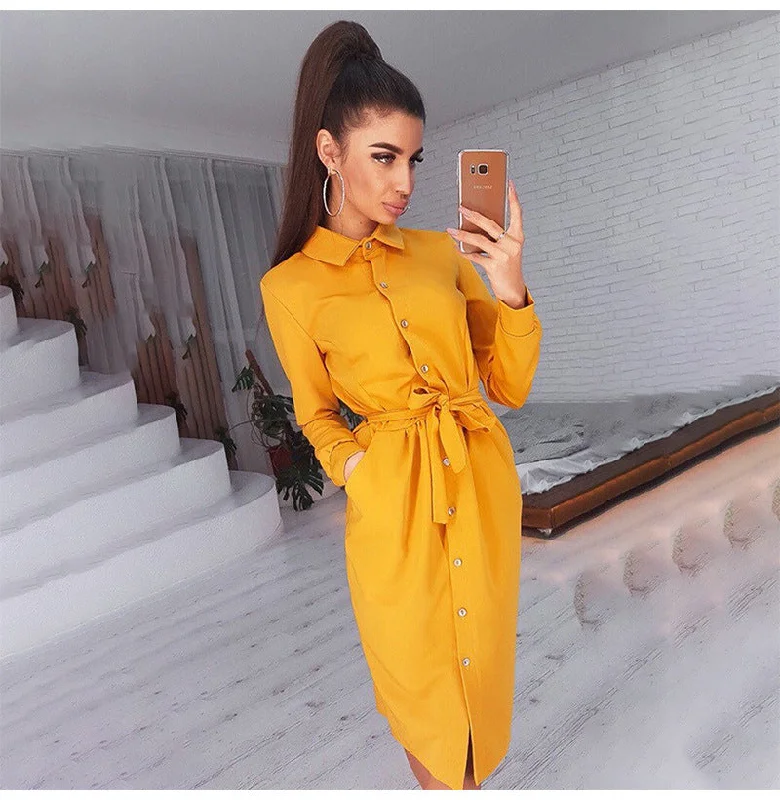Exclusive Weekly Sale Growth Satin Button Down Shirt Dress - Marigold