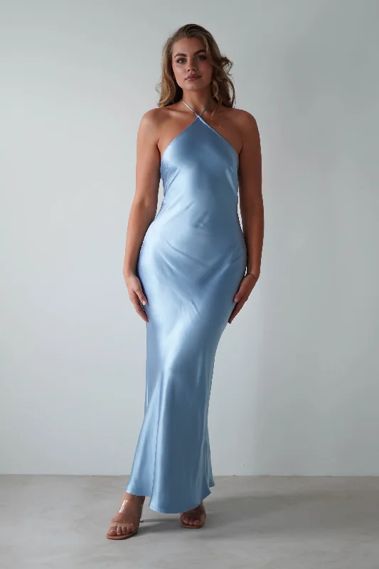 Weekend Shopping Spree Heather Soft Satin Maxi Dress | Blue
