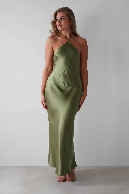 Super Price Slash Heather Soft Satin Maxi Dress | Olive