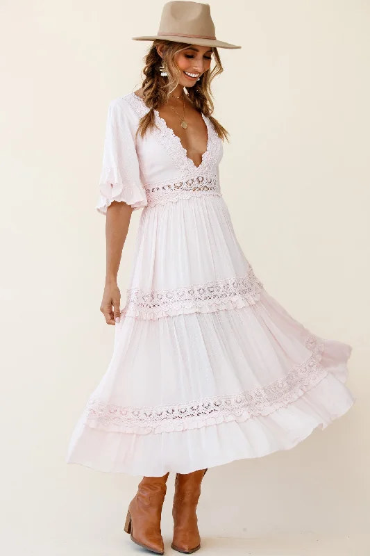 Today’s Flash Sale Indio Crochet Insert Deep V-Neckline Angel Sleeve Maxi Dress Pink