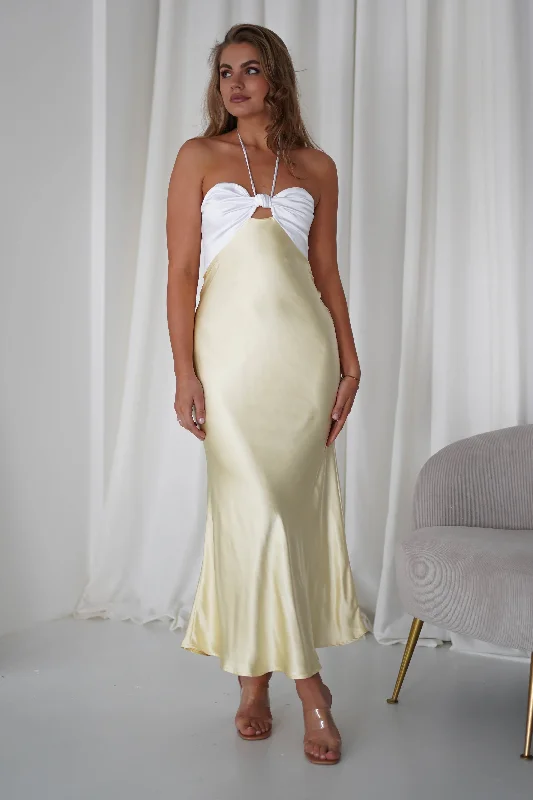 Weekend Steals Isla Halterneck Maxi Dress | Yellow/White