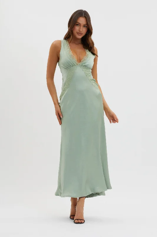 Price Slash Ivonne Lace Trim V-Neck Maxi Dress Sage