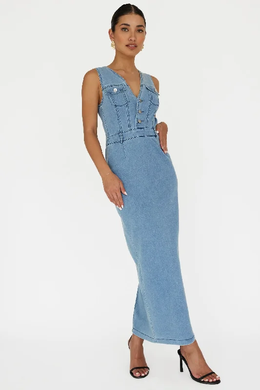 Weekend Super Sale Jazelle Sleeveless Button Front Maxi Dress Denim