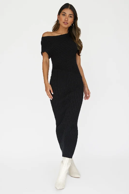 Weekend Buy More Save More Kaelyn Asymmetric Neck Knit Maxi Dress Black