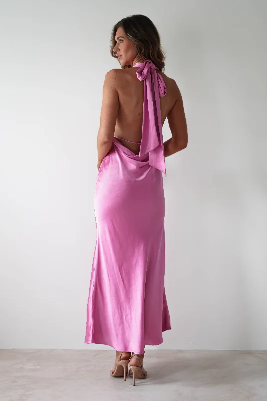 Shop & Save Today Kaylah Satin Halter Neck Maxi Dress | Bright Pink