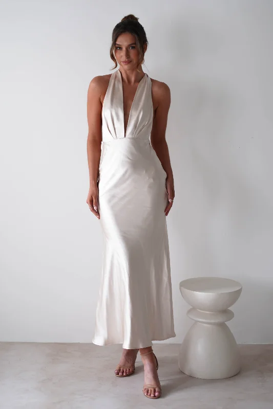 One-Day Sale Kaylah Satin Halter Neck Maxi Dress | Champagne