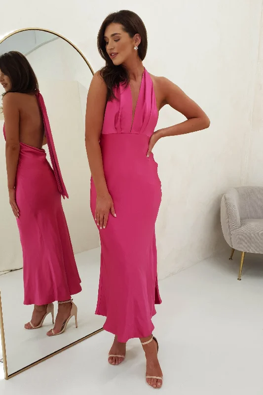 Weekend Offers You Love Kaylah Satin Halter Neck Maxi Dress | Fuchsia