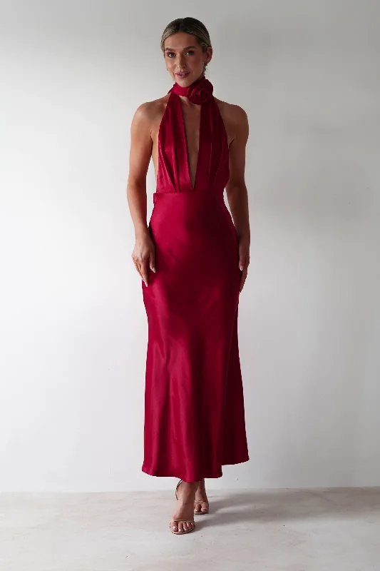Weekend Savings Mania Kaylah Soft Satin Maxi Dress | Cherry Red