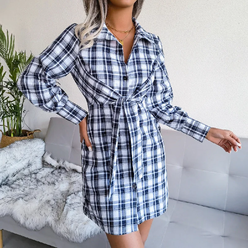 Weekend Special Offers Klay Cotton Plaid Button Down Shirt Dress - Blue - FINAL SALE