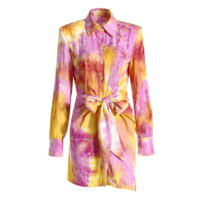 Weekend Top Offers Multicolor Tie Dye Print Collared Long Sleeve Tie Front Button Up Mini Shirt Dress