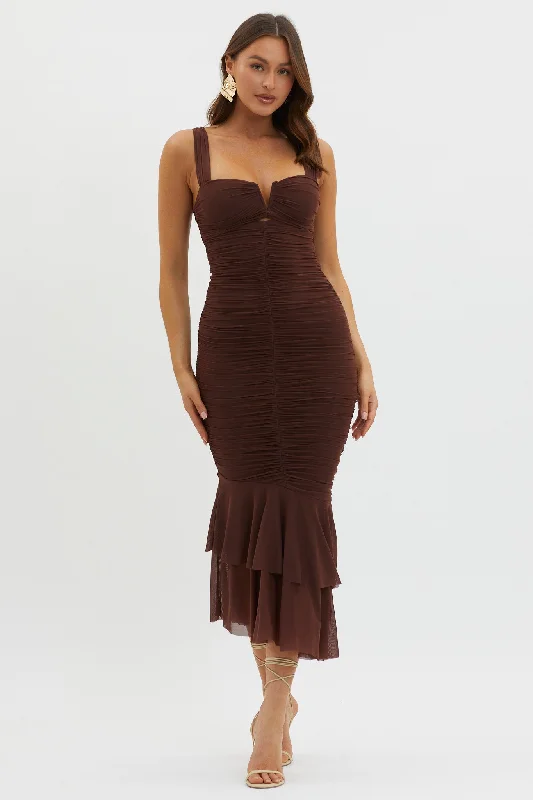 Hurry, Don’t Miss Out Nadia Ruched Fishtail Maxi Dress Chocolate