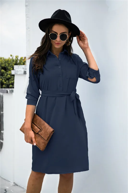 Grab Your Deal Office Chic Button Down Shirt Dress - Navy