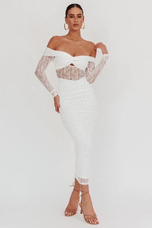 Weekend Hot Savings Oliana Off-Shoulder Mesh Maxi Dress White