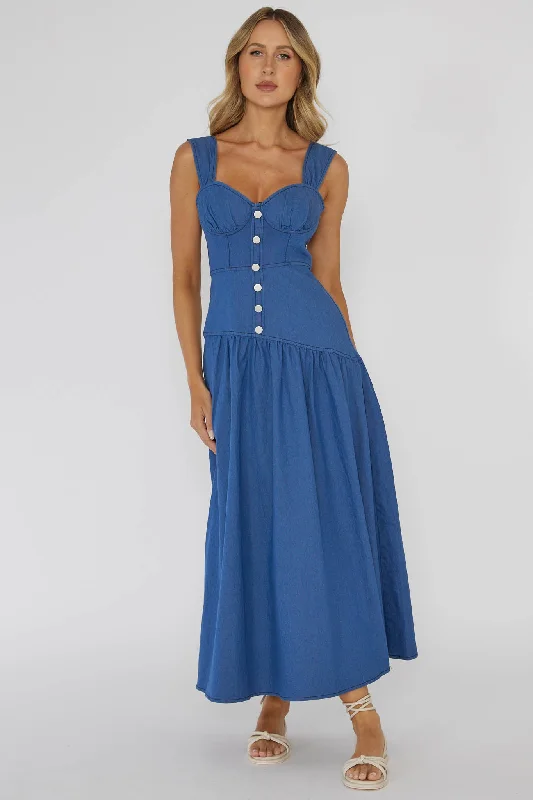Weekend Offers Galore Pansy Flounce Hem Maxi Dress Blue