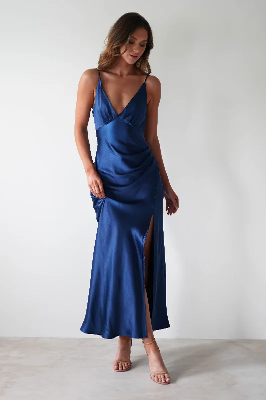 Weekend Special Discounts Pareesa Soft Satin Maxi Dress | Navy