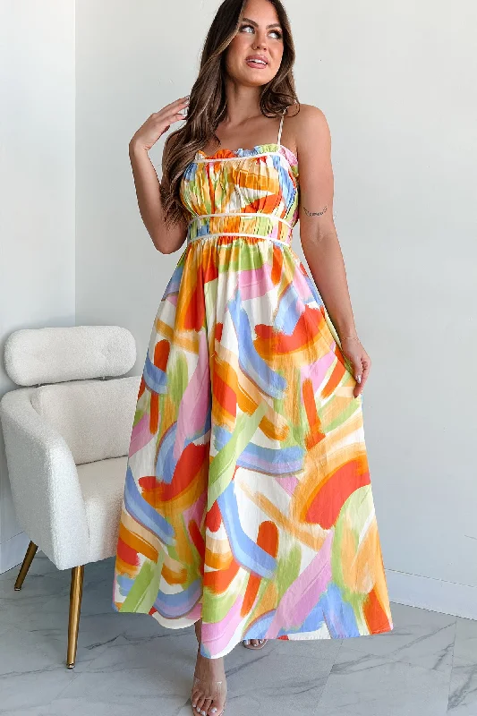 Weekend Hot Picks Passionate Response Printed Maxi Dress (White/Blue/Yellow)
