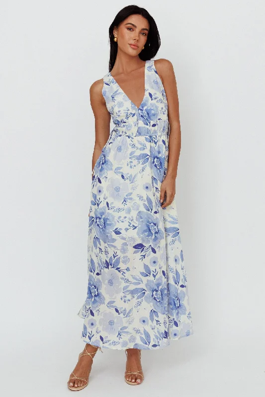 Hot Sale Items Perla V-Neck Drawstring Maxi Dress Floral Blue