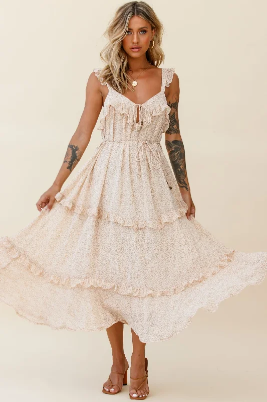 Flash Discounts Priscilla Frill Detail Maxi Dress Floral Print Beige