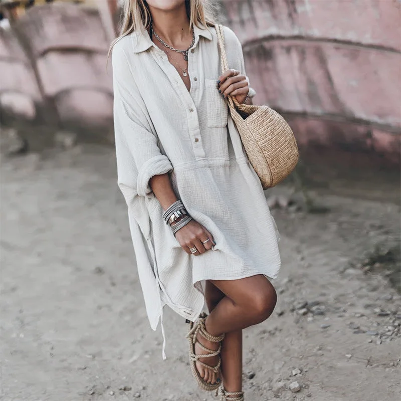 Weekend Shopping Fever Remy Cotton Pocketed Shirt Dress - Off White