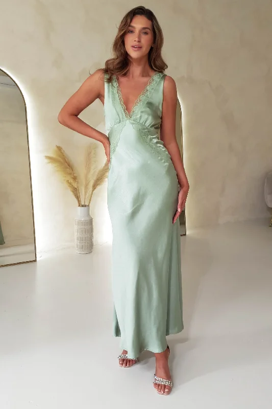Exclusive Weekly Sale Rhylee Soft Satin Lace Detail Maxi Dress | Sage