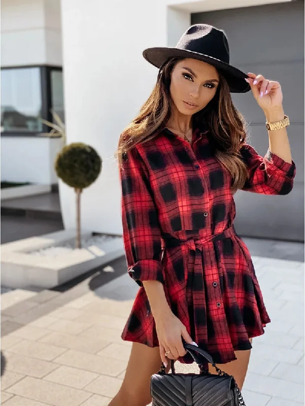 Weekend Special Bargains Riana Cotton Plaid Tie Shirt Dress - Navy - FINAL SALE