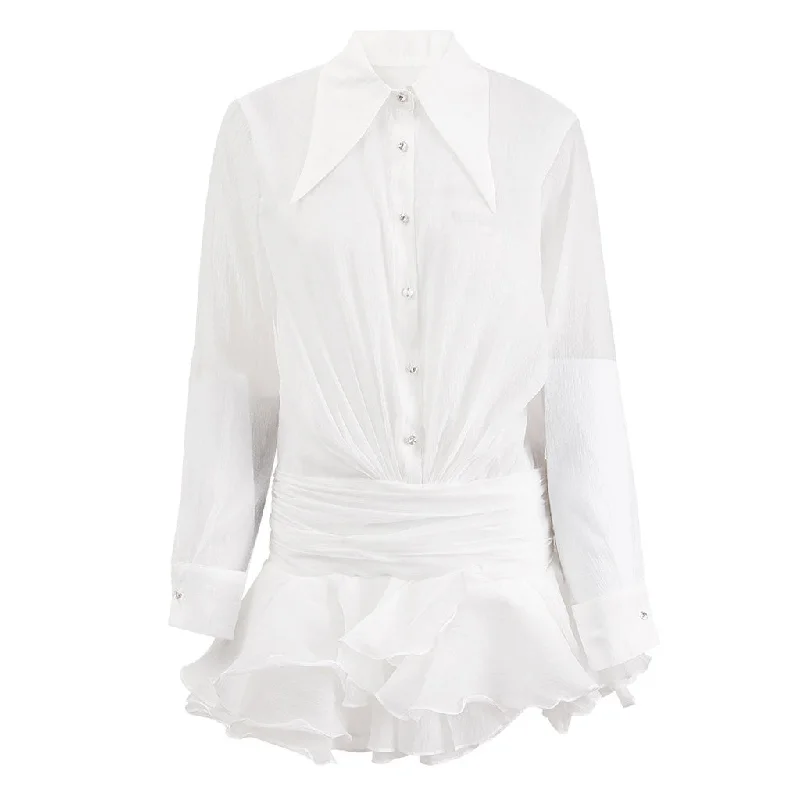 Weekend Discount Rush Sexy Pointed Collar Button Up Ruched Tiered Ruffle Sheer Mini Shirt Dress