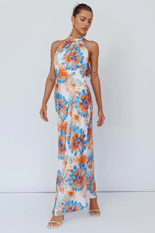 Weekend Steals Await Shana Halterneck Maxi Dress Flowers Blue
