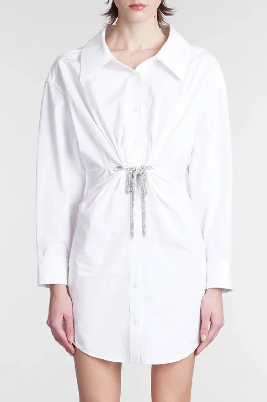 Weekend Mega Sale Event Sparkly Tie Waist Collared Long Sleeve Button Down Mini Shirt Dress - White