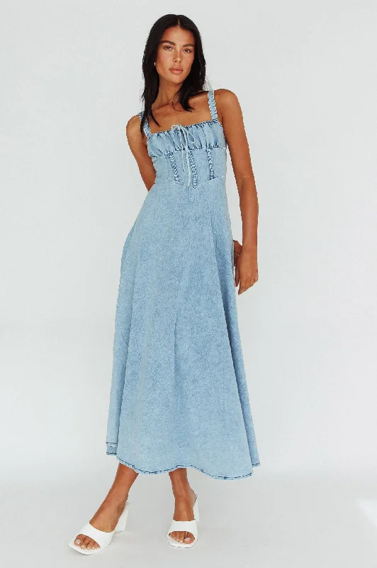 Weekend Flash Savings Sweet Pea Tied Bust Maxi Dress Denim Blue