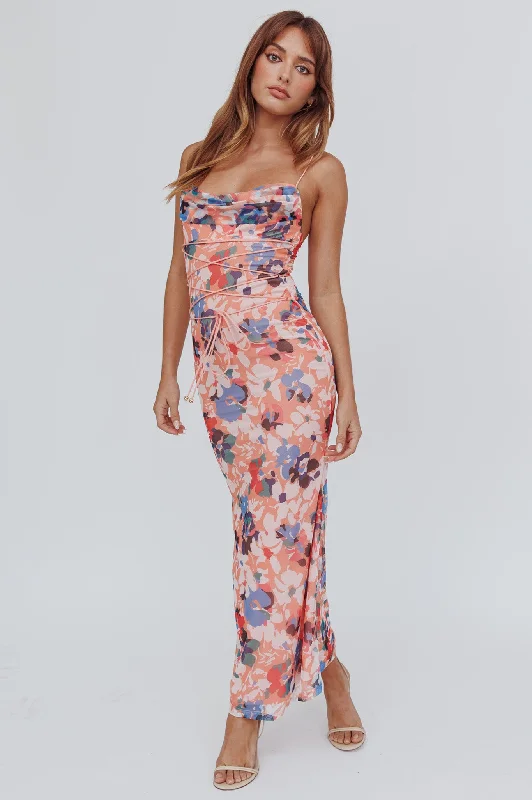 Weekend Flash Discount Teava Laced Waist Maxi Dress Flowers Orange